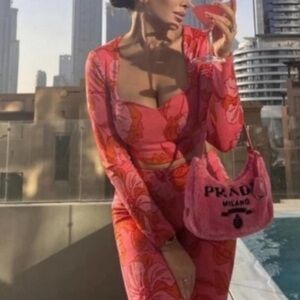 Zara Pink and Orange Floral Print Jaquard Crop Top and Pants Set